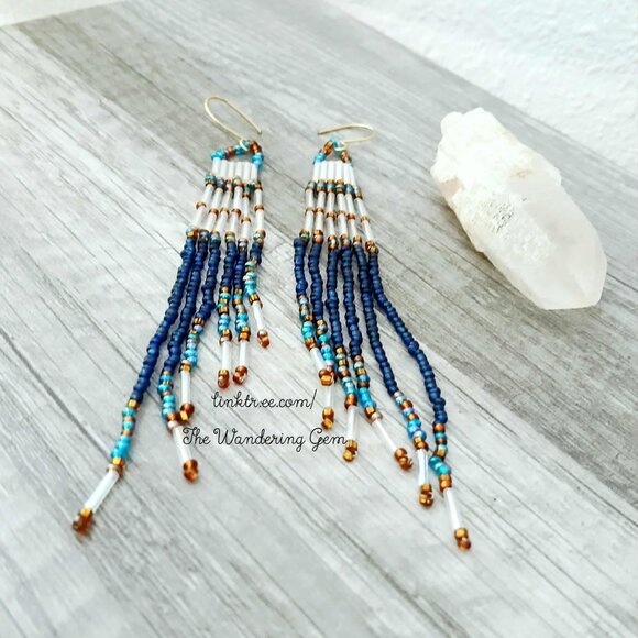 Beaded Fringe Dangle Earrings, Seed Bead Jewelry, Boho Chic Statement 5" - Picture 8 of 9